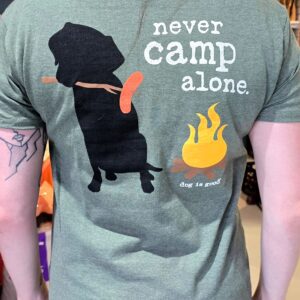 T-shirt with camping dog graphic design.