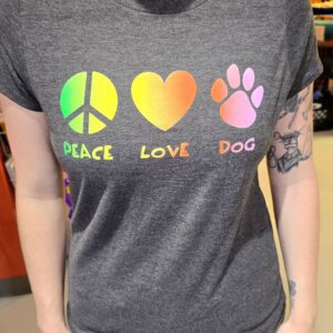 T-shirt with peace, love, dog graphics.