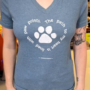T-shirt with paw print and text design.