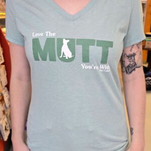 Person wearing "Love The Mutt" t-shirt.