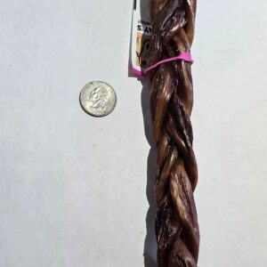 Braided dog chew with quarter for scale.