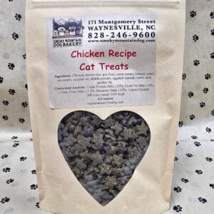 Cat treats in heart-windowed packaging.
