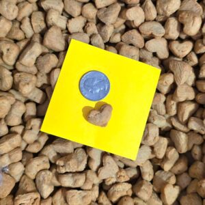 Coin and heart-shaped object on pellets.