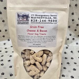 Dog treats package with cheese and bacon.