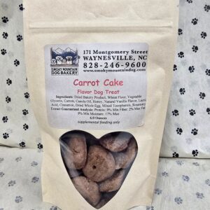 Dog bakery carrot cake treats packaging.