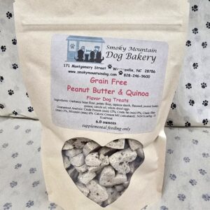 Dog treats in a brown paper bag.