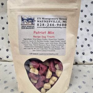 Bag of colorful dog treats, Patriot Mix.