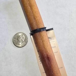 Dog chew stick beside a quarter coin.