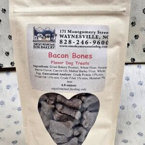 Bacon-flavored dog treats in a bag.
