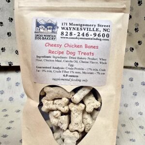Bag of cheesy chicken dog treats.