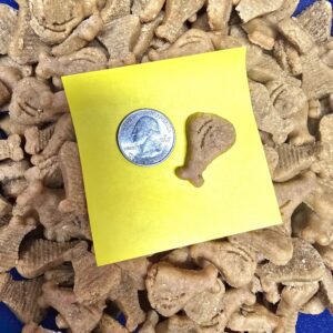 Animal cracker and coin on yellow paper.