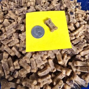 Dog treats with a coin for scale.