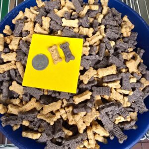 Dog biscuits with coin for size comparison.