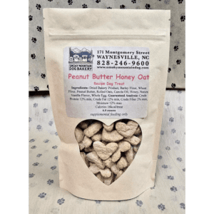 Peanut butter honey oat dog treats package.