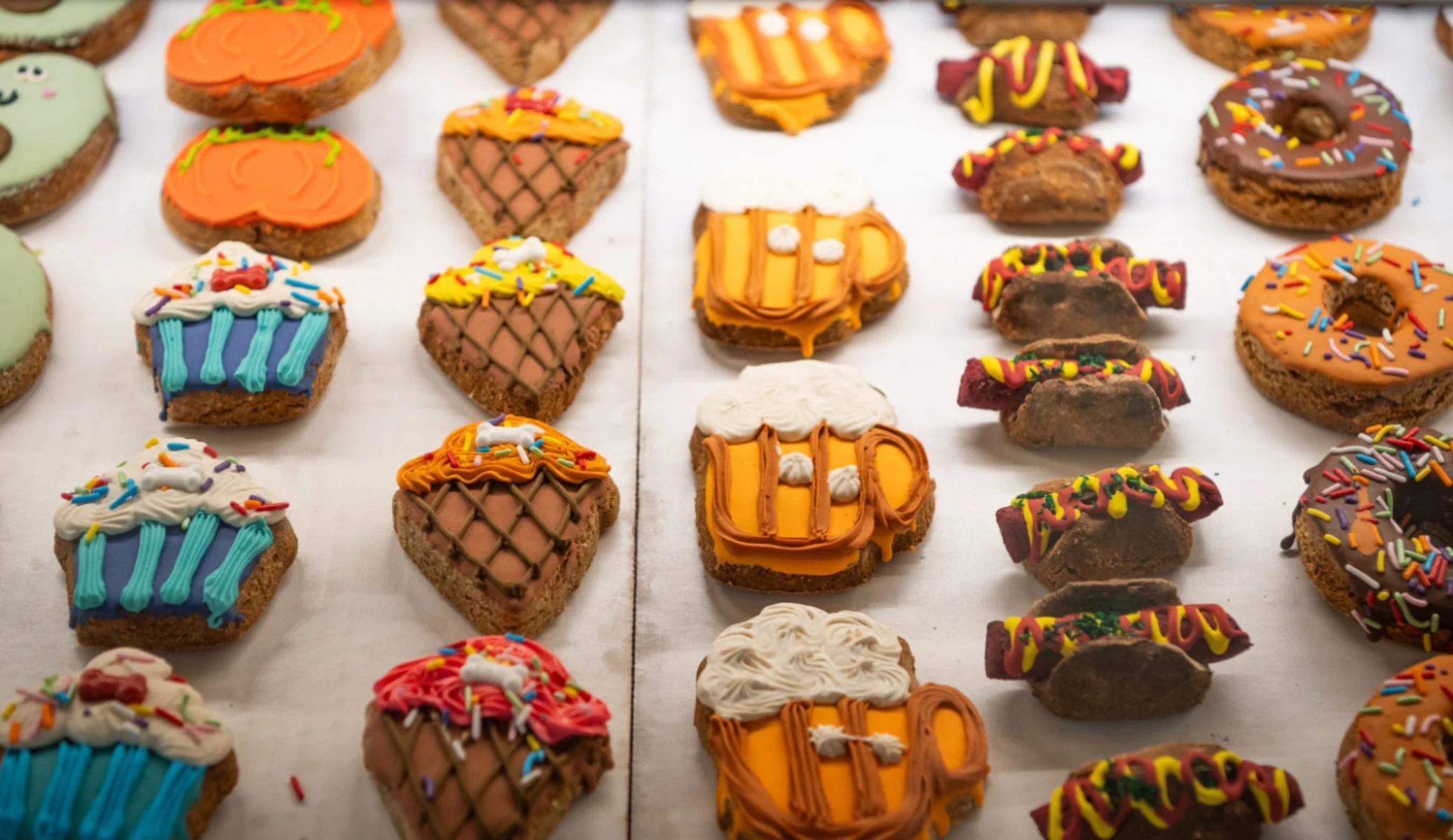 Decorative cookies with various colorful designs.