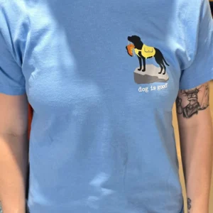 Blue shirt with dog graphic design.