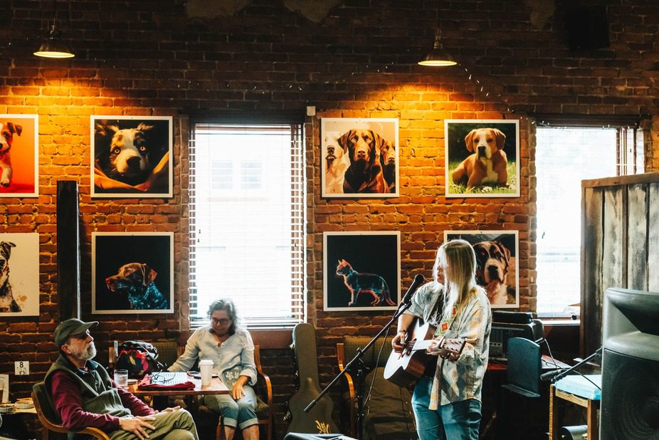 Musician performing in dog-themed café.